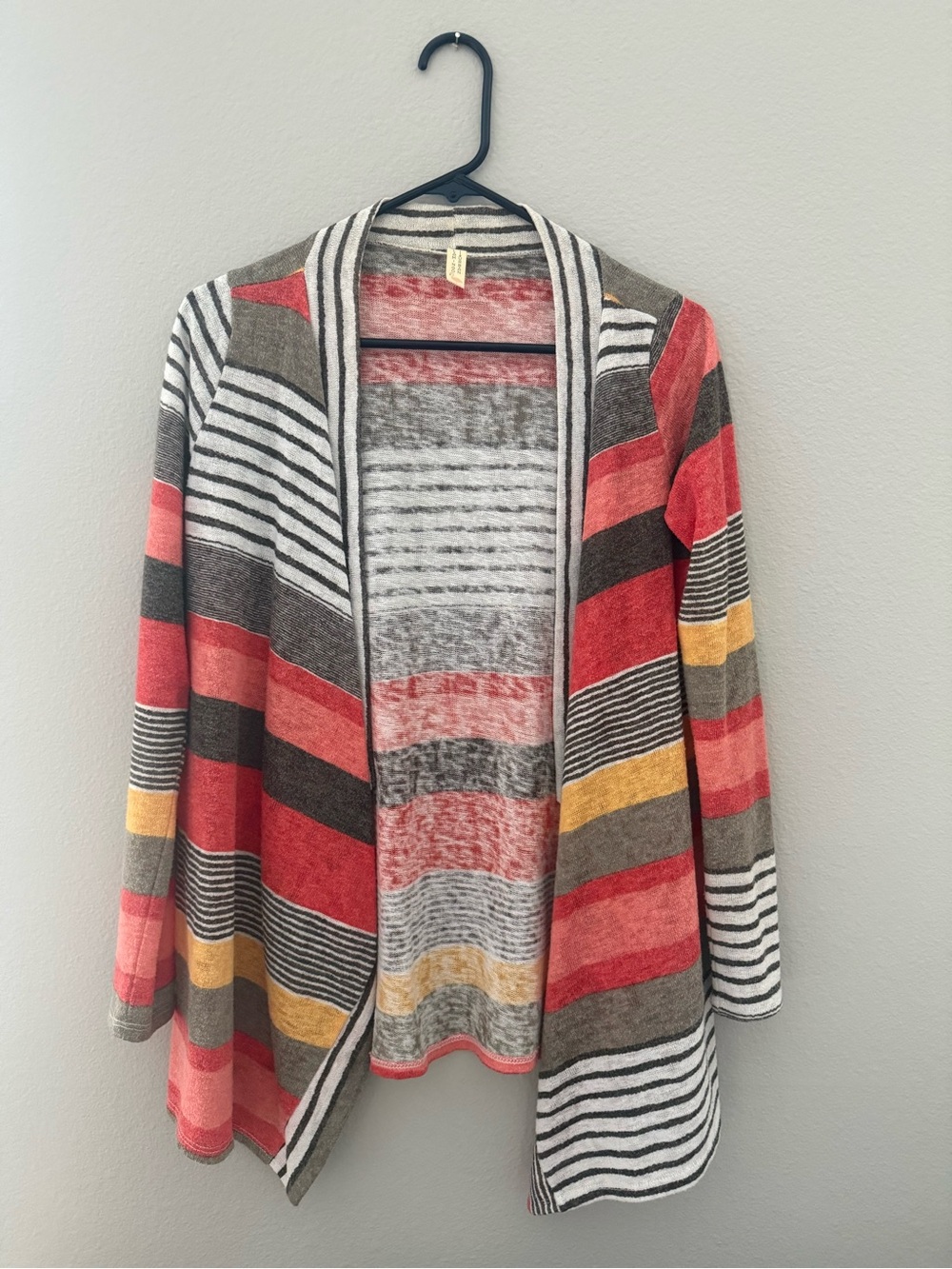 Flamingo Urban Striped Open-Front Cardigan in Coral, Gray & Mustard